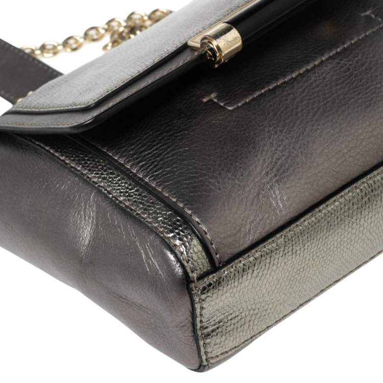 Pre Owned Diane von Furstenberg Grey/Metallic Lizard Embossed and Leather Mini 440 Shoulder Bag