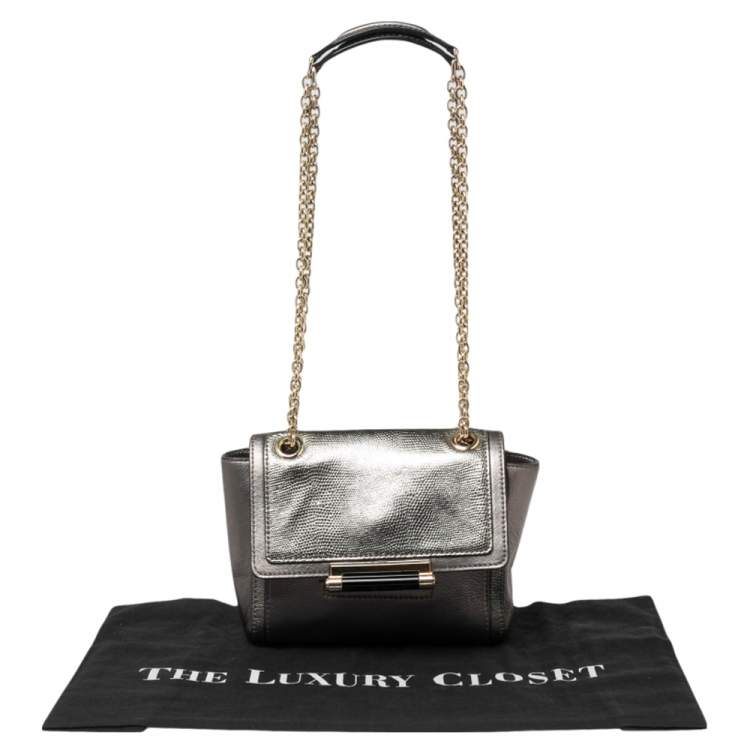 Pre Owned Diane von Furstenberg Grey/Metallic Lizard Embossed and Leather Mini 440 Shoulder Bag