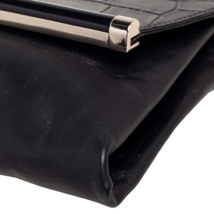 Pre Owned Diane Von Furstenberg Black Leather and Croc Embossed Leather Flap Shoulder Bag