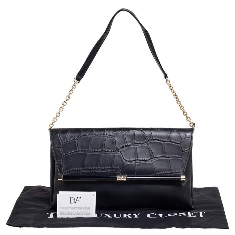 Pre Owned Diane Von Furstenberg Black Leather and Croc Embossed Leather Flap Shoulder Bag