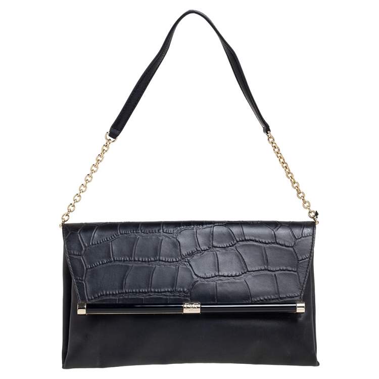 Pre Owned Diane Von Furstenberg Black Leather and Croc Embossed Leather Flap Shoulder Bag