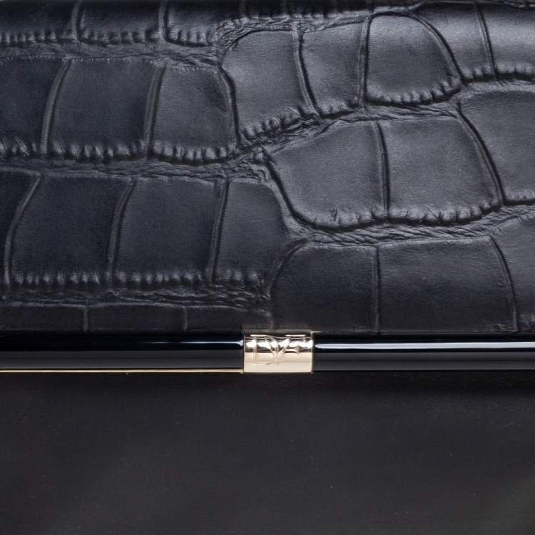 Pre Owned Diane Von Furstenberg Black Leather and Croc Embossed Leather Flap Shoulder Bag