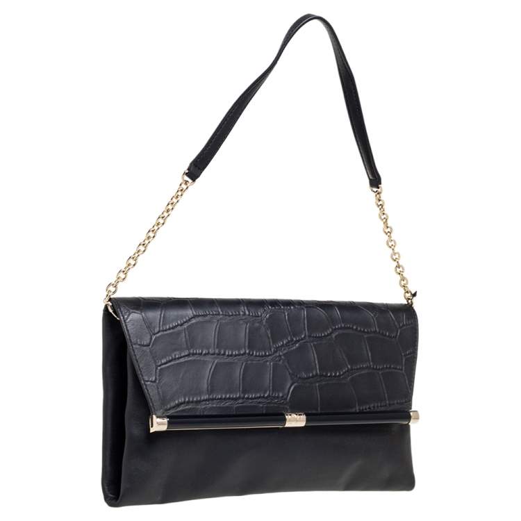 Pre Owned Diane Von Furstenberg Black Leather and Croc Embossed Leather Flap Shoulder Bag