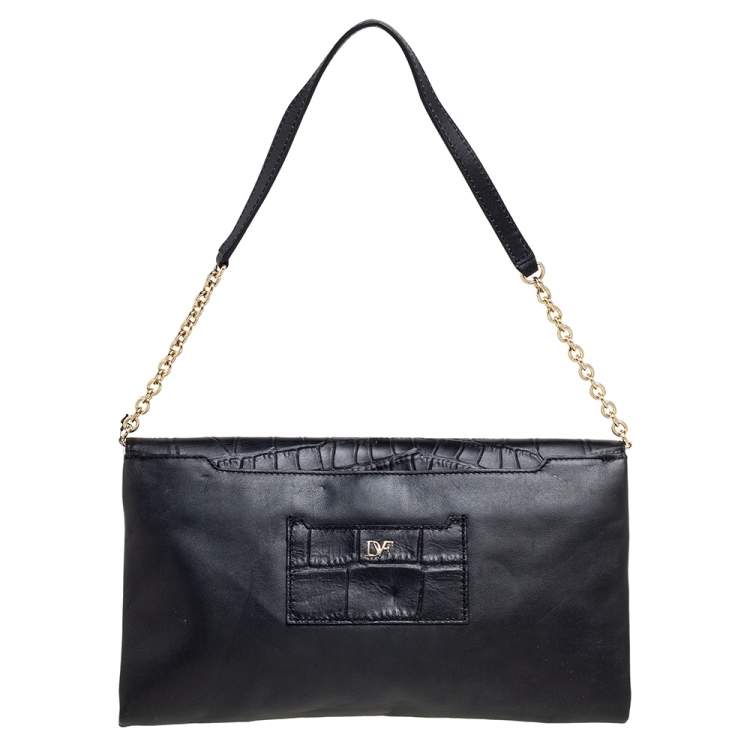 Pre Owned Diane Von Furstenberg Black Leather and Croc Embossed Leather Flap Shoulder Bag