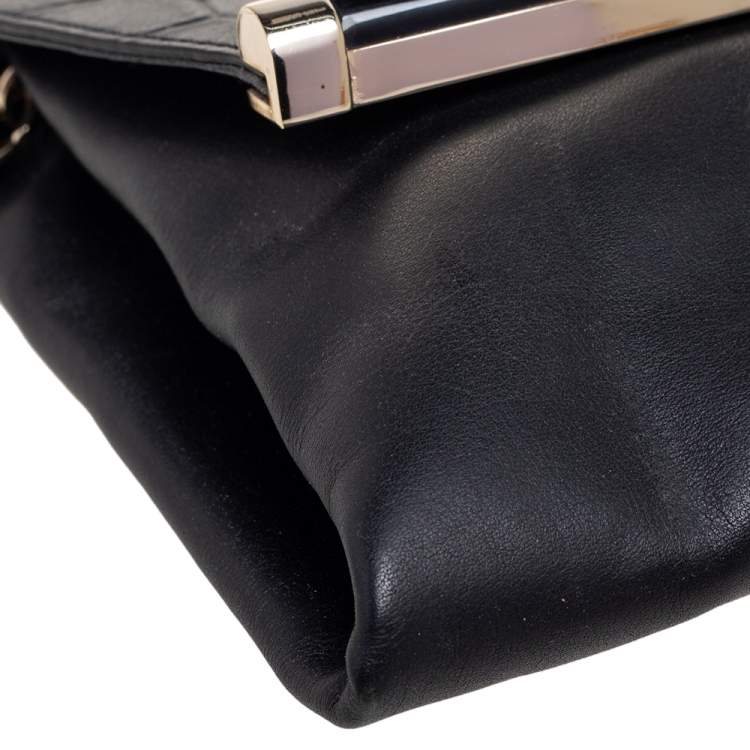 Pre Owned Diane Von Furstenberg Black Leather and Croc Embossed Leather Flap Shoulder Bag
