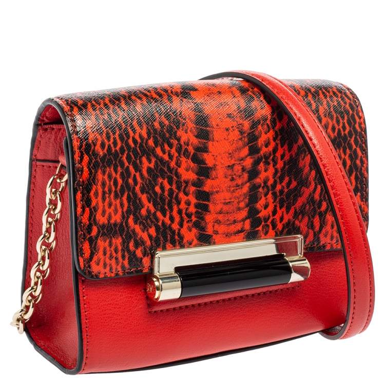 Pre Owned Diane von Furstenberg Red Python Effect and Leather Mini Micro Highline Crossbody Bag