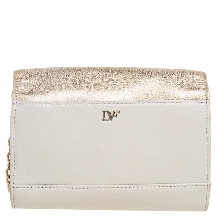 Pre Owned Diane von Furstenberg Gold/Off White Leather Flirty Lips Mini Crossbody Bag