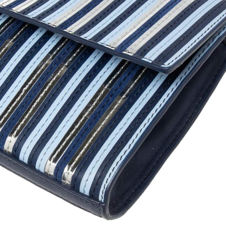 Pre Owned Diane Von Furstenberg Blue/Silver Leather and Suede Stripe East West Clutch