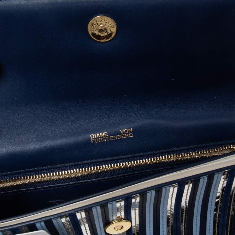 Pre Owned Diane Von Furstenberg Blue/Silver Leather and Suede Stripe East West Clutch