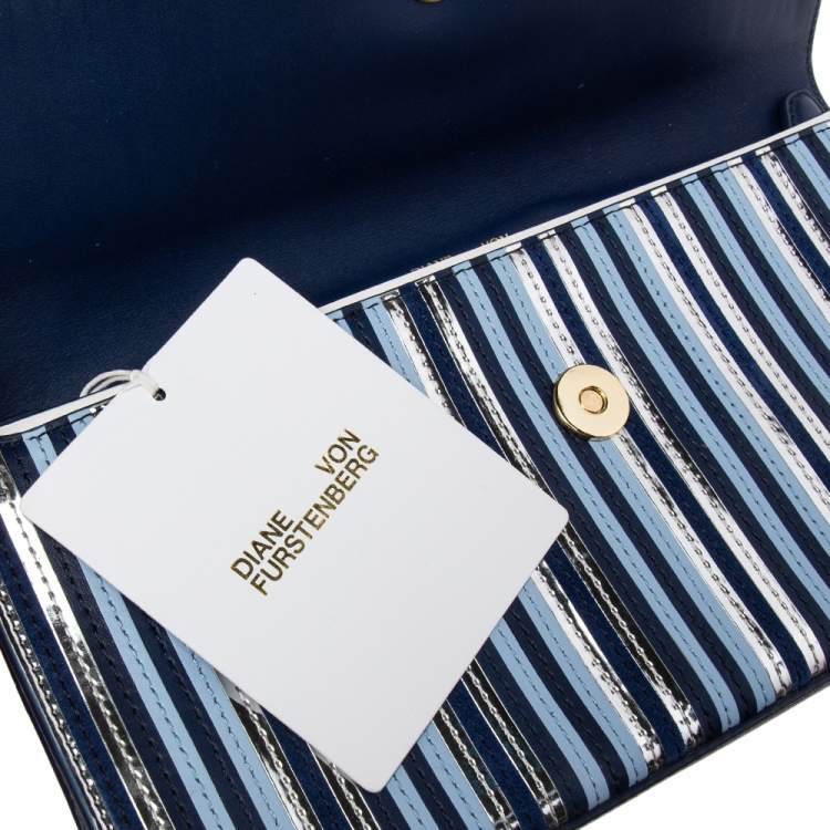 Pre Owned Diane Von Furstenberg Blue/Silver Leather and Suede Stripe East West Clutch