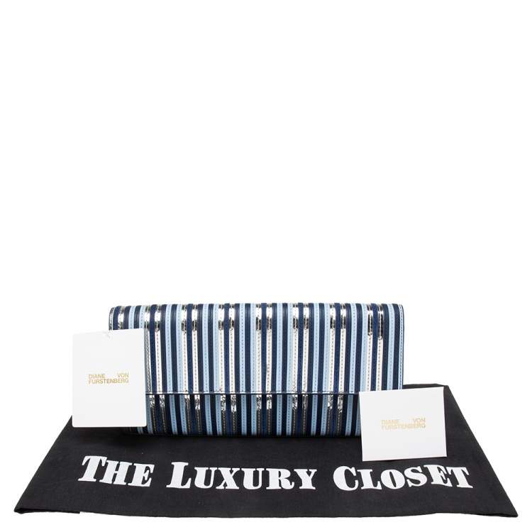 Pre Owned Diane Von Furstenberg Blue/Silver Leather and Suede Stripe East West Clutch