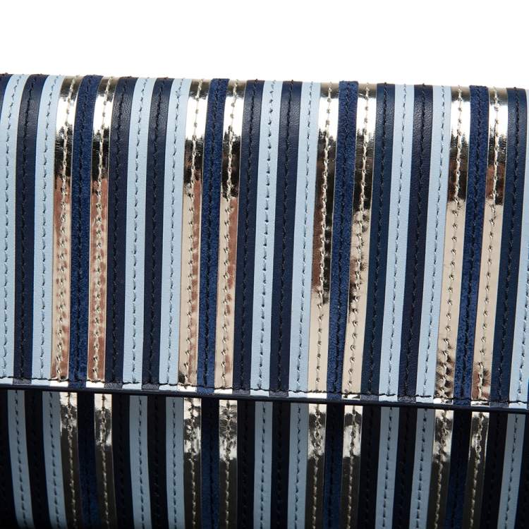 Pre Owned Diane Von Furstenberg Blue/Silver Leather and Suede Stripe East West Clutch