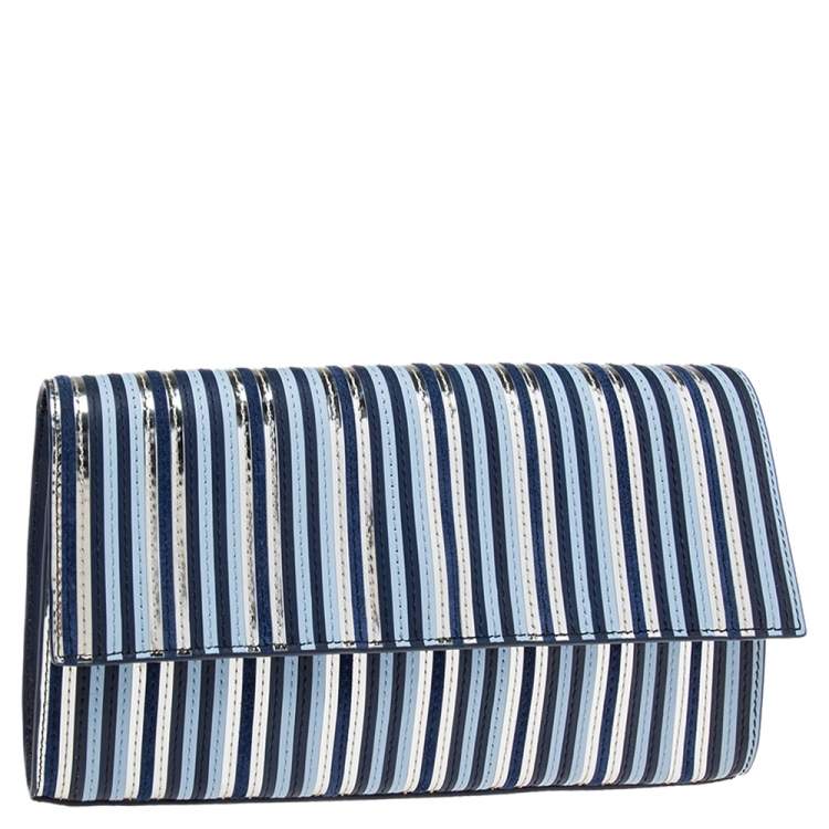 Pre Owned Diane Von Furstenberg Blue/Silver Leather and Suede Stripe East West Clutch