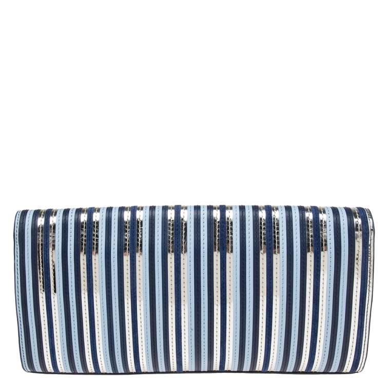 Pre Owned Diane Von Furstenberg Blue/Silver Leather and Suede Stripe East West Clutch