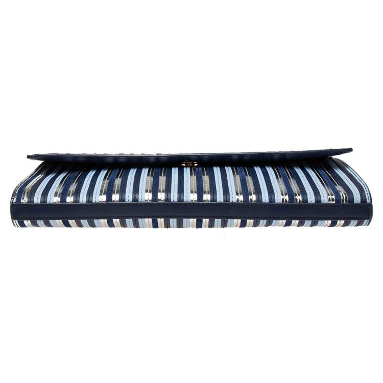 Pre Owned Diane Von Furstenberg Blue/Silver Leather and Suede Stripe East West Clutch