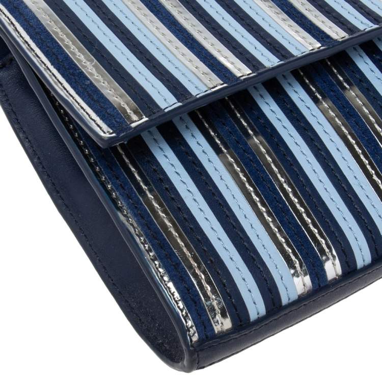 Pre Owned Diane Von Furstenberg Blue/Silver Leather and Suede Stripe East West Clutch