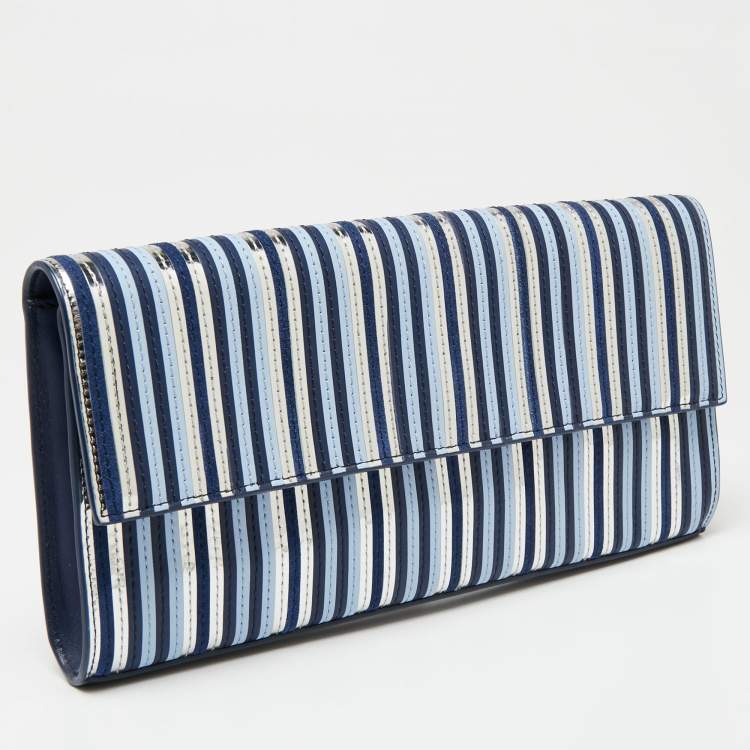 Pre Owned Diane Von Furstenberg Blue/Silver Leather and Suede Stripe East West Envelope Clutch