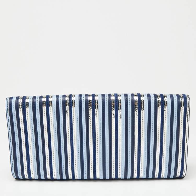 Pre Owned Diane Von Furstenberg Blue/Silver Leather and Suede Stripe East West Envelope Clutch