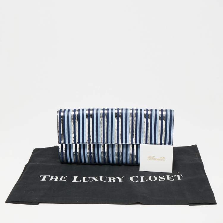 Pre Owned Diane Von Furstenberg Blue/Silver Leather and Suede Stripe East West Envelope Clutch