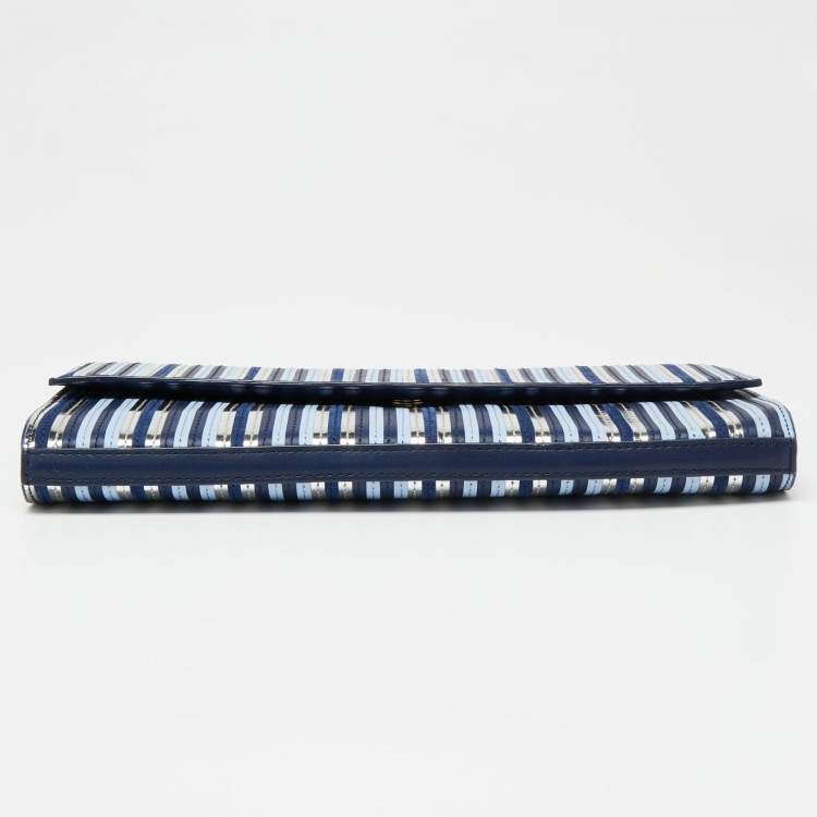 Pre Owned Diane Von Furstenberg Blue/Silver Leather and Suede Stripe East West Envelope Clutch