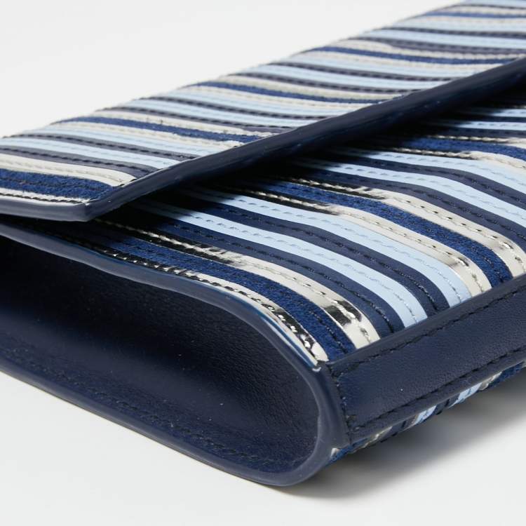 Pre Owned Diane Von Furstenberg Blue/Silver Leather and Suede Stripe East West Envelope Clutch
