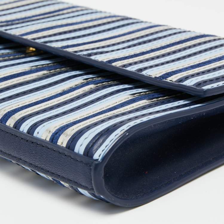 Pre Owned Diane Von Furstenberg Blue/Silver Leather and Suede Stripe East West Envelope Clutch