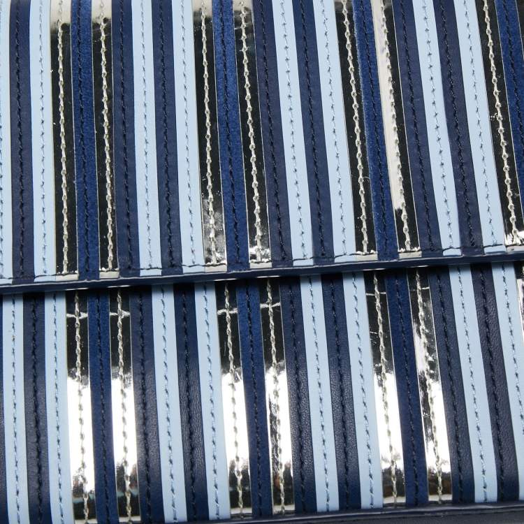 Pre Owned Diane Von Furstenberg Blue/Silver Leather and Suede Stripe East West Envelope Clutch