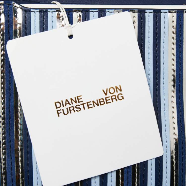 Pre Owned Diane Von Furstenberg Blue/Silver Leather and Suede Stripe East West Envelope Clutch