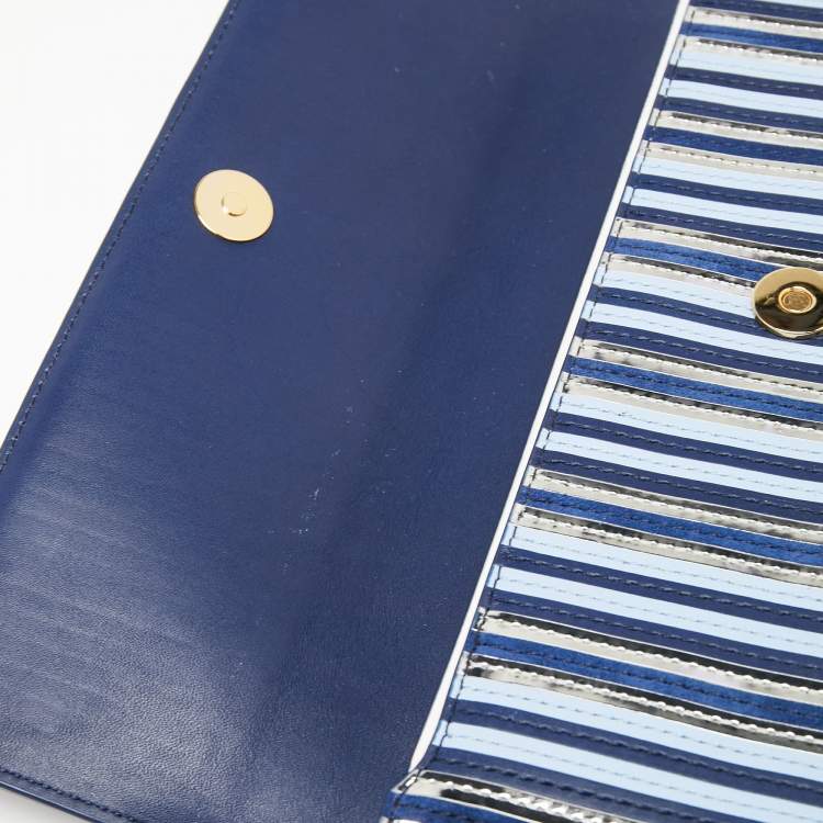 Pre Owned Diane Von Furstenberg Blue/Silver Leather and Suede Stripe East West Envelope Clutch