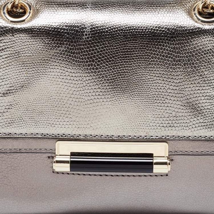 Pre Owned Diane von Furstenberg Metallic Grey Lizard Embossed and Leather Mini 440 Shoulder Bag