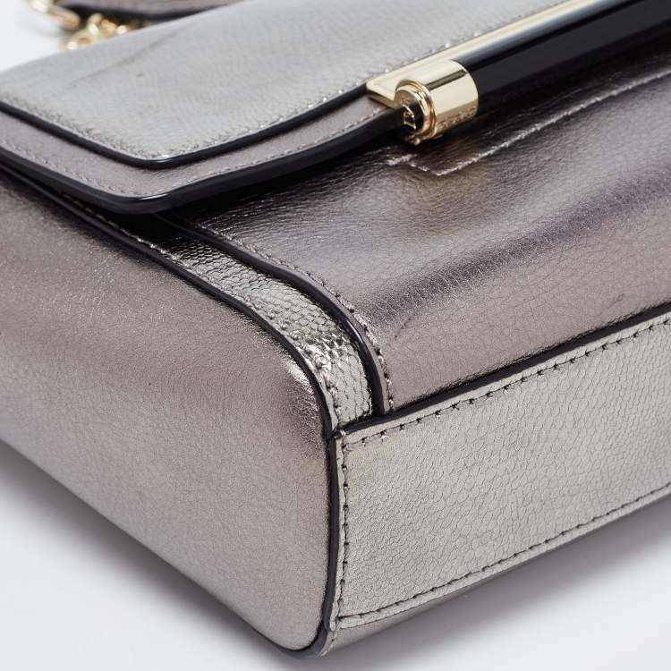 Pre Owned Diane von Furstenberg Metallic Grey Lizard Embossed and Leather Mini 440 Shoulder Bag