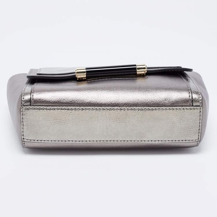 Pre Owned Diane von Furstenberg Metallic Grey Lizard Embossed and Leather Mini 440 Shoulder Bag