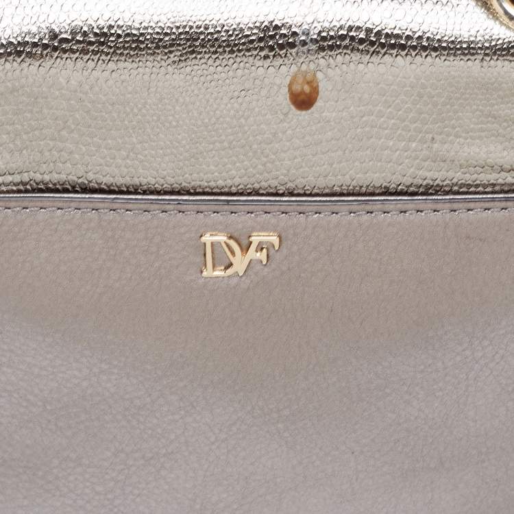 Pre Owned Diane von Furstenberg Metallic Grey Lizard Embossed and Leather Mini 440 Shoulder Bag