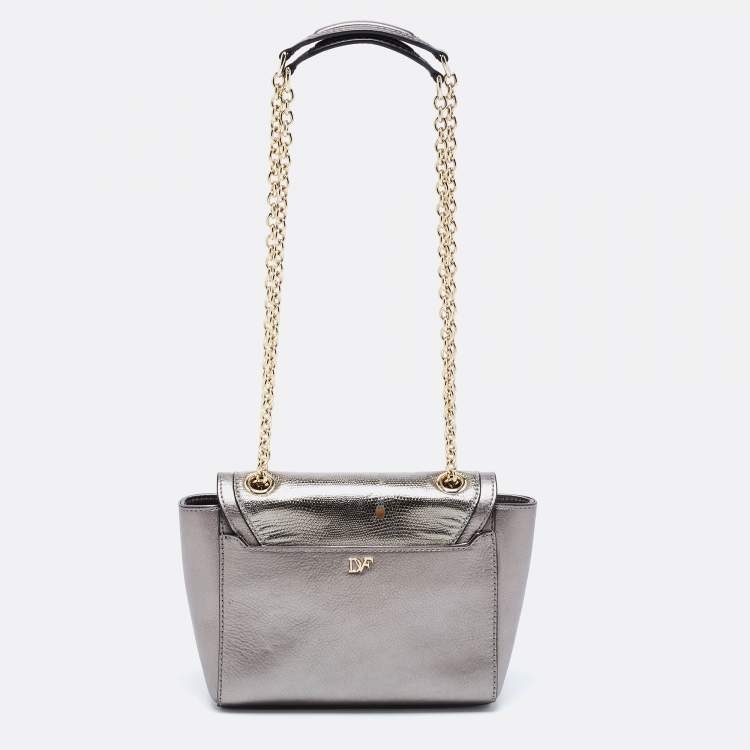 Pre Owned Diane von Furstenberg Metallic Grey Lizard Embossed and Leather Mini 440 Shoulder Bag