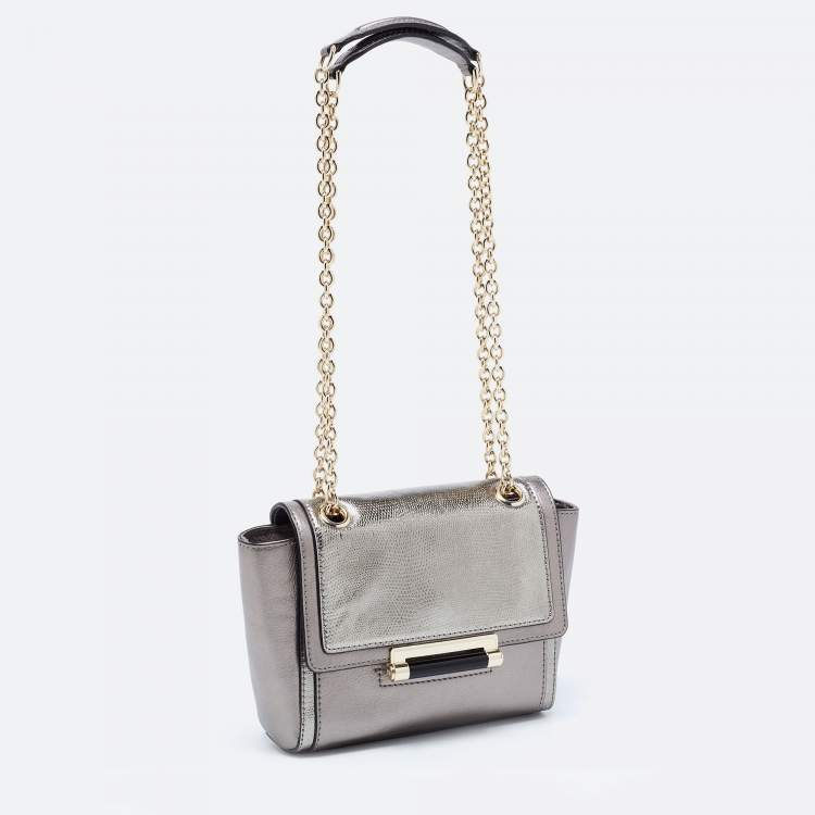 Pre Owned Diane von Furstenberg Metallic Grey Lizard Embossed and Leather Mini 440 Shoulder Bag