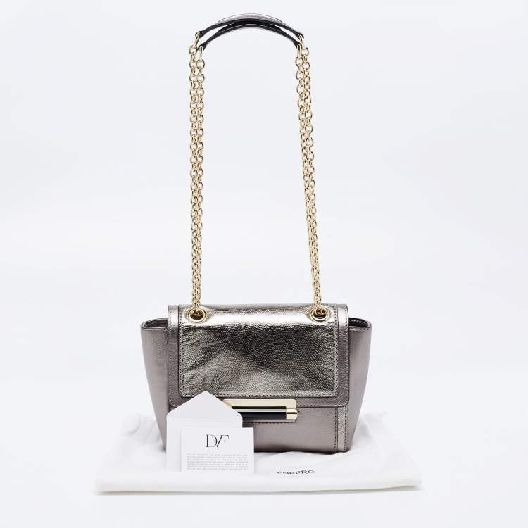 Pre Owned Diane von Furstenberg Metallic Grey Lizard Embossed and Leather Mini 440 Shoulder Bag
