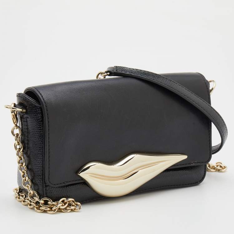 Pre Owned Diane Von Furstenberg Black Patent and Leather Flirty Lips Shoulder Bag