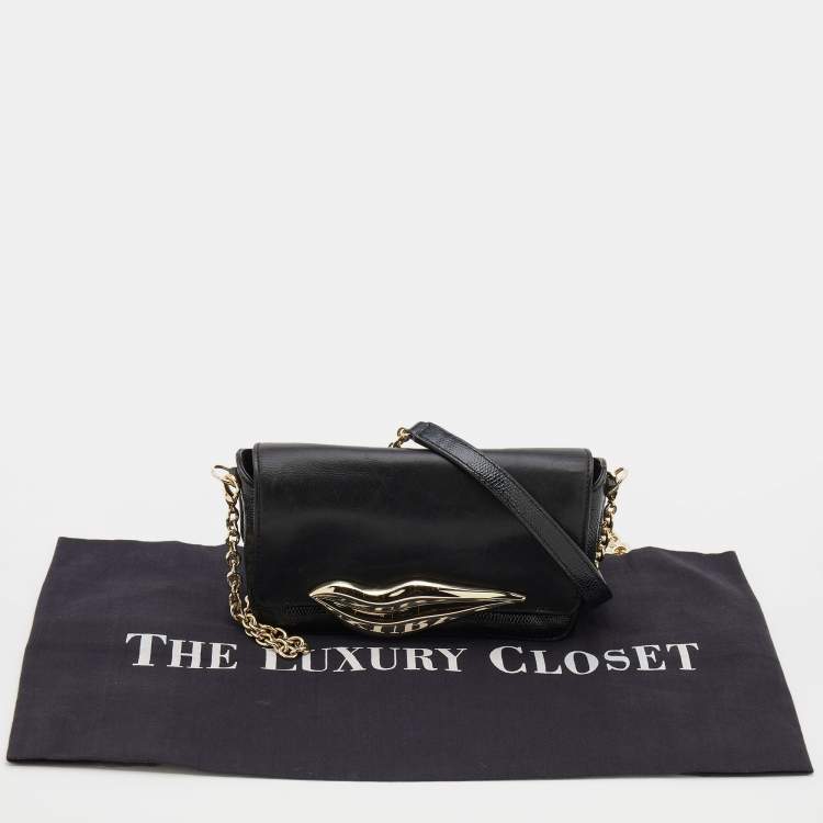 Pre Owned Diane Von Furstenberg Black Patent and Leather Flirty Lips Shoulder Bag