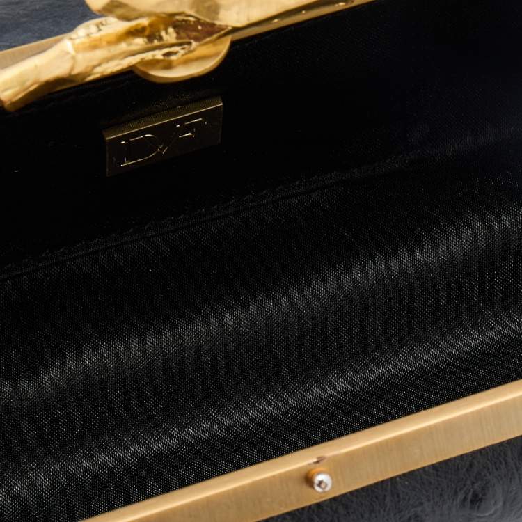 Pre Owned Diane Von Furstenberg Black Ostrich Embossed Leather Tonda Clutch