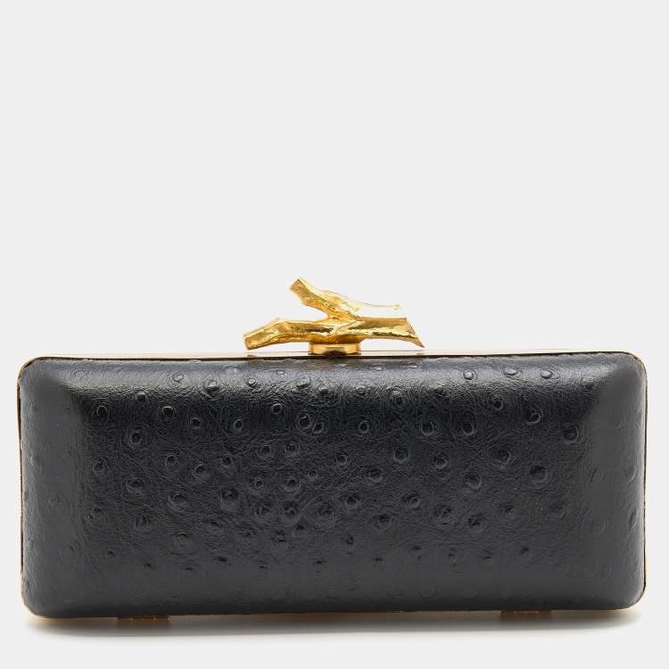 Pre Owned Diane Von Furstenberg Black Ostrich Embossed Leather Tonda Clutch