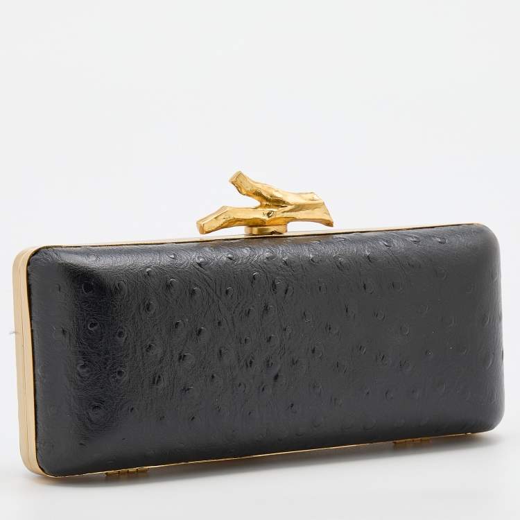 Pre Owned Diane Von Furstenberg Black Ostrich Embossed Leather Tonda Clutch