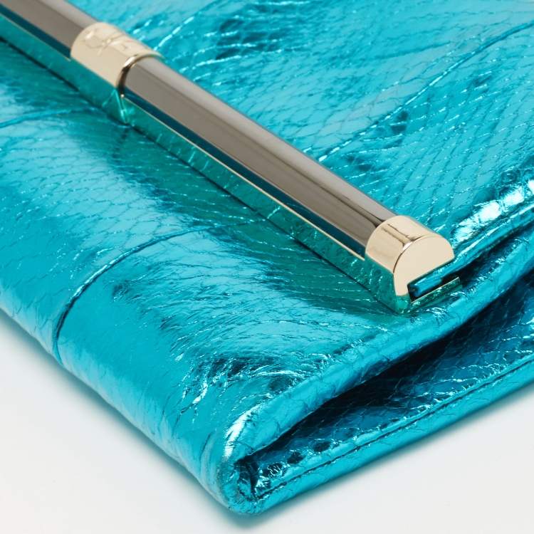 Pre Owned Diane von Furstenberg Metallic Blue Python Embossed Leather 440 Envelope Clutch