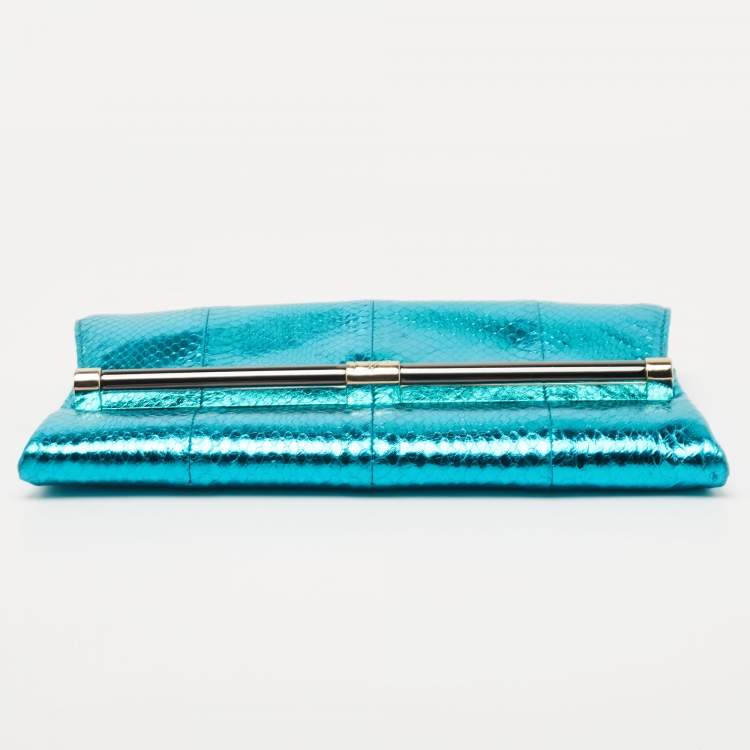 Pre Owned Diane von Furstenberg Metallic Blue Python Embossed Leather 440 Envelope Clutch