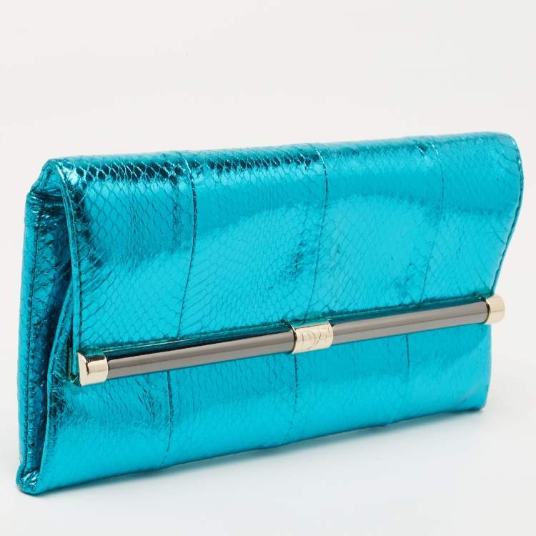 Pre Owned Diane von Furstenberg Metallic Blue Python Embossed Leather 440 Envelope Clutch
