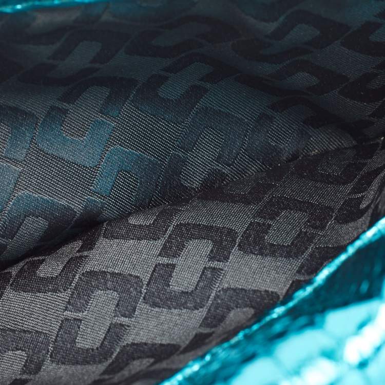 Pre Owned Diane von Furstenberg Metallic Blue Python Embossed Leather 440 Envelope Clutch