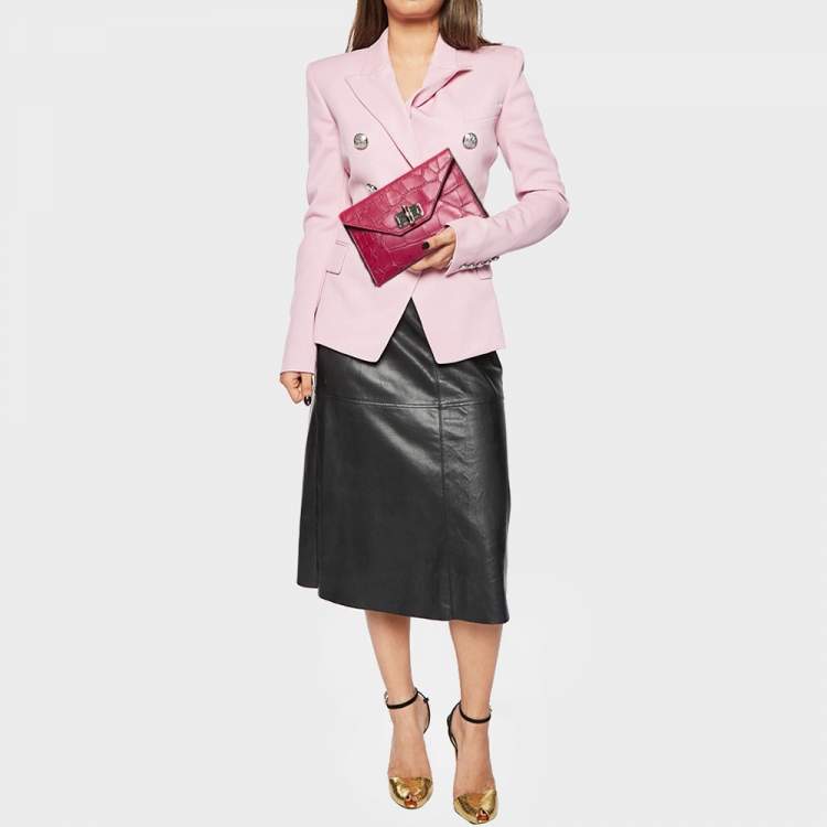 Pre Owned Diane Von Furstenberg Pink Croc Embossed Leather Secret Agent Clutch 