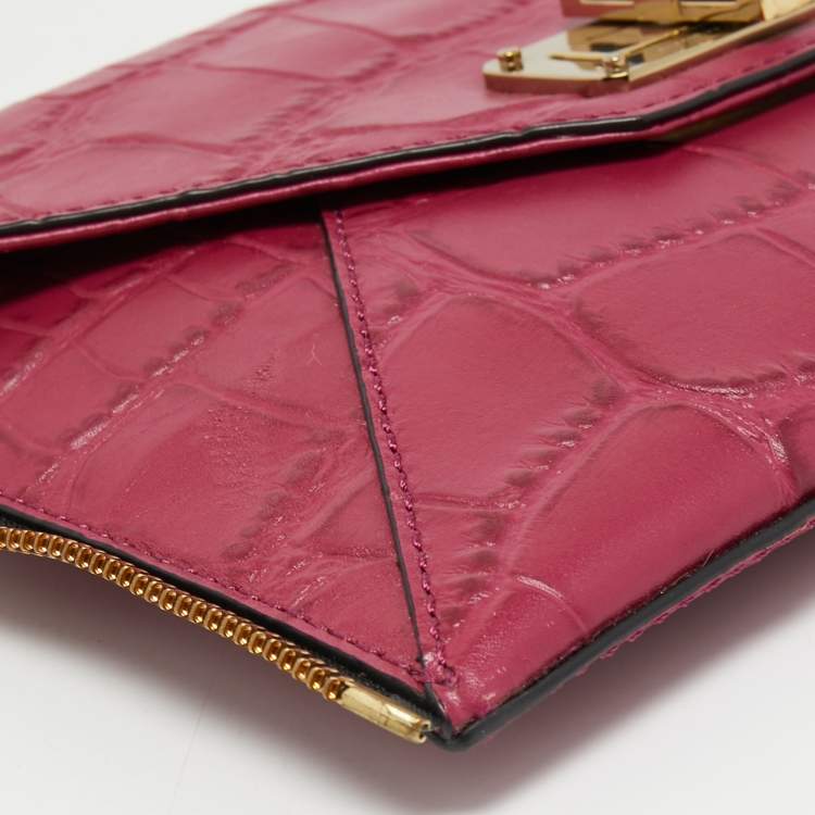 Pre Owned Diane Von Furstenberg Pink Croc Embossed Leather Secret Agent Clutch 