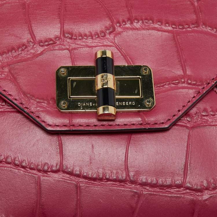 Pre Owned Diane Von Furstenberg Pink Croc Embossed Leather Secret Agent Clutch 
