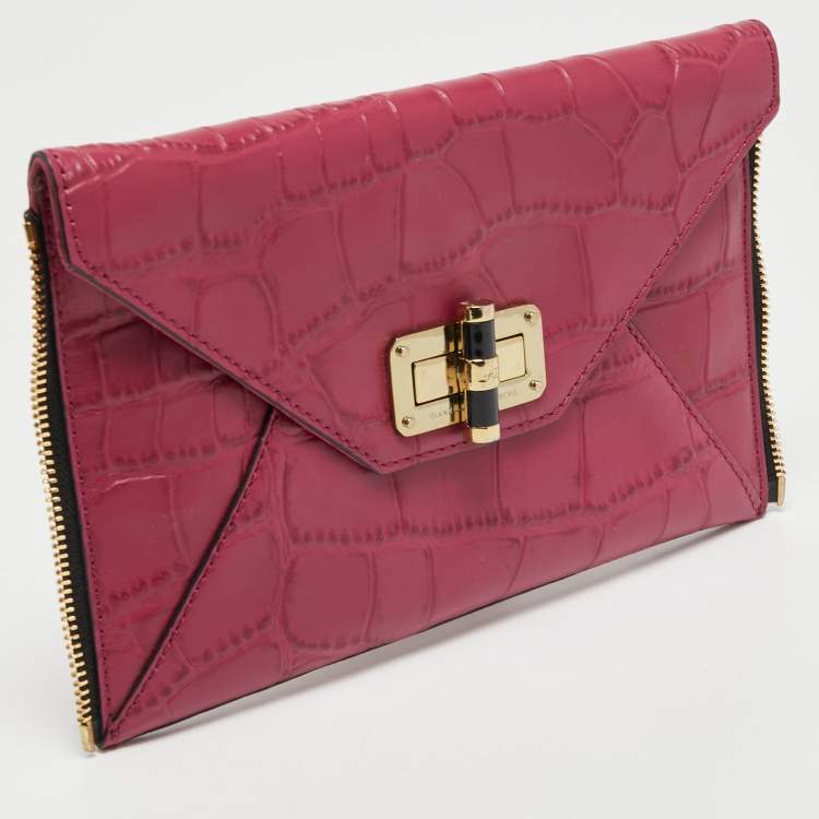 Pre Owned Diane Von Furstenberg Pink Croc Embossed Leather Secret Agent Clutch 