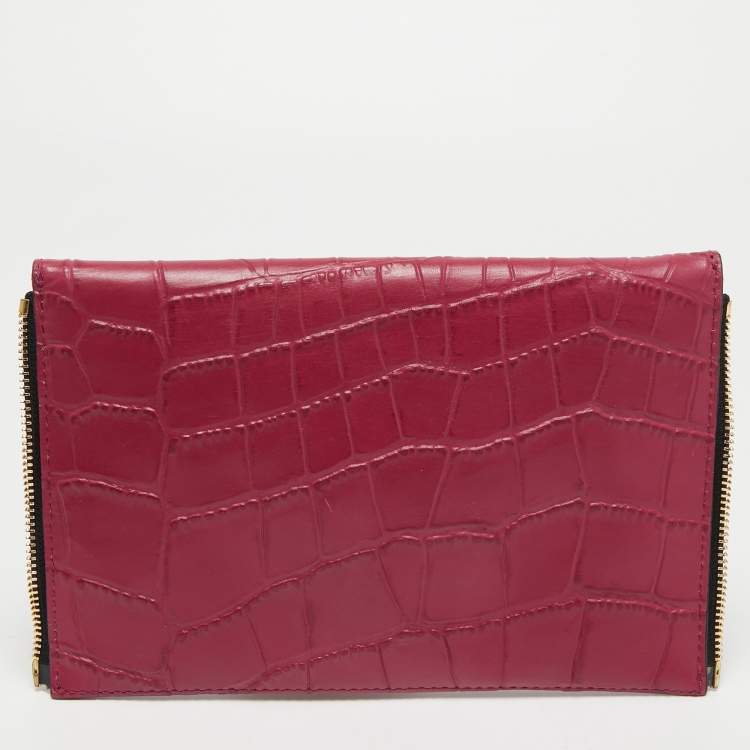 Pre Owned Diane Von Furstenberg Pink Croc Embossed Leather Secret Agent Clutch 
